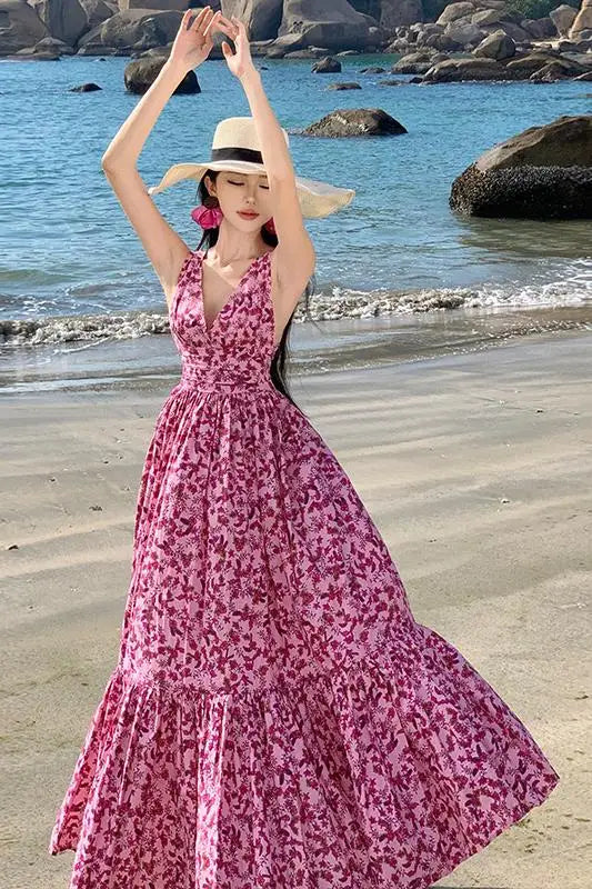 Enchanting Summer Backless Beach Dress with Floral Print