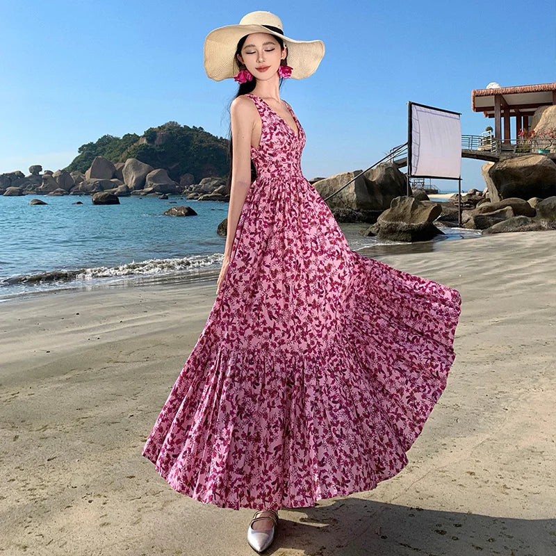 Enchanting Summer Backless Beach Dress with Floral Print