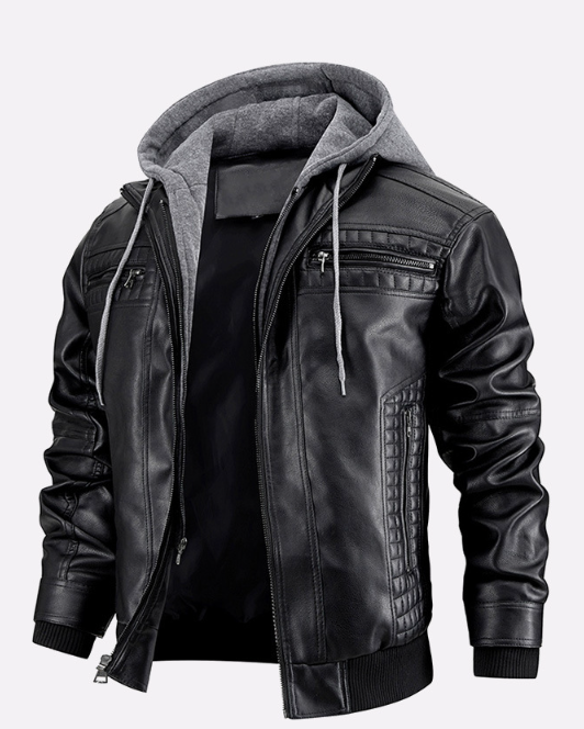 Een premium leren jack van VanMerin met een moderne uitstraling. Het jack combineert authentieke leren afwerking met een comfortabele, grijze hoodie voor een stoere en veelzijdige look. Perfect voor casual en stijlvolle outfits in elk seizoen.