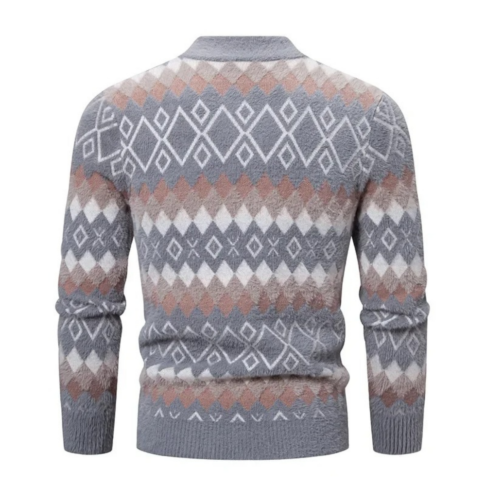 Achteraanzicht van de Verano moderne trui met een geometrisch patroon in grijs, grijs en bruintinten. De trui heeft een hoge kraag en lange mouwen. Het stijlvolle ontwerp maakt deze trui perfect voor een casual en trendy look tijdens koudere dagen.