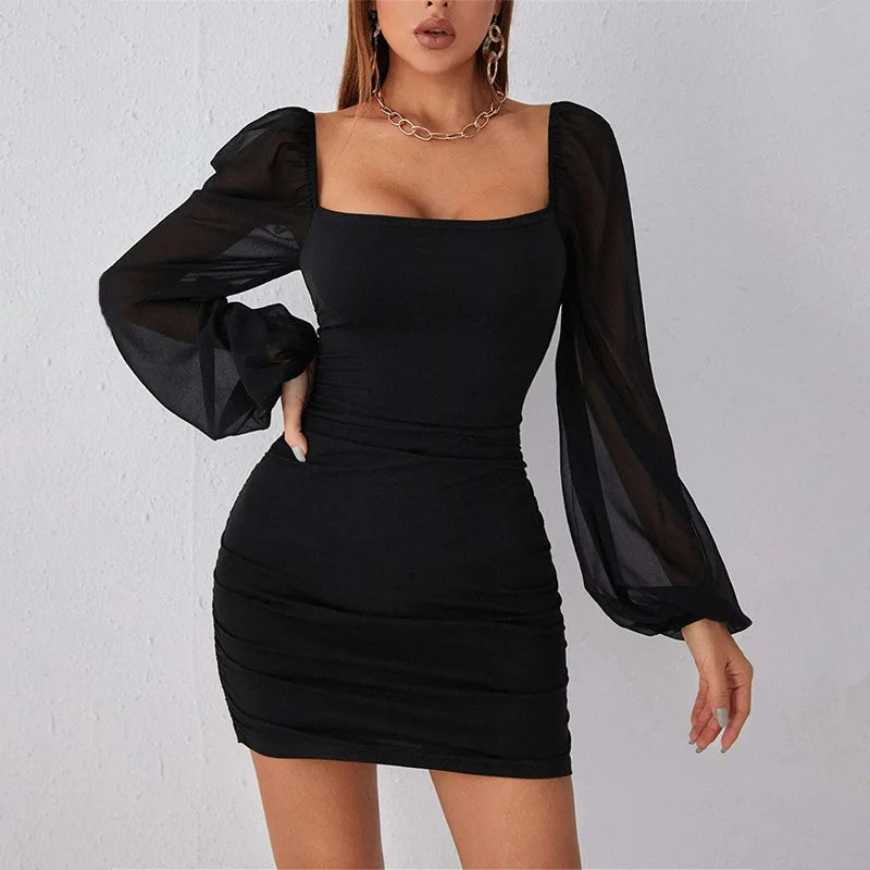 Elegante Vierkante Kraag Jurk met Mesh Inzetstukken en Plooien
