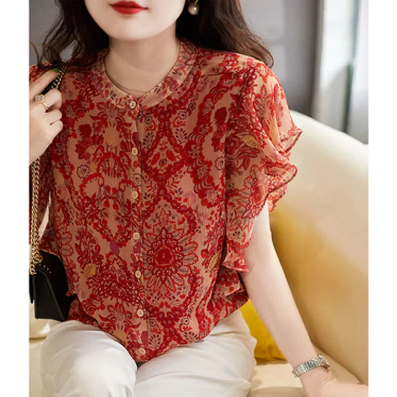 Blouse vintage en chiffon avec volants pour une élégance estivale