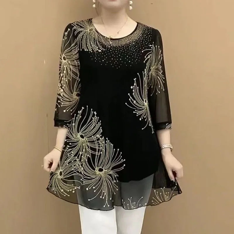 Vintage Mesh Spliced Blouse for Women