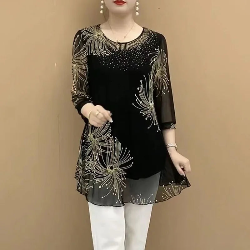 Vintage Mesh Spliced Blouse for Women