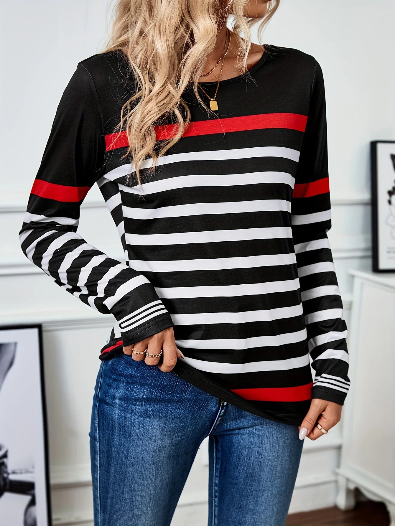 Gestreept T-shirt met Contrastkleuren voor Vrouwen