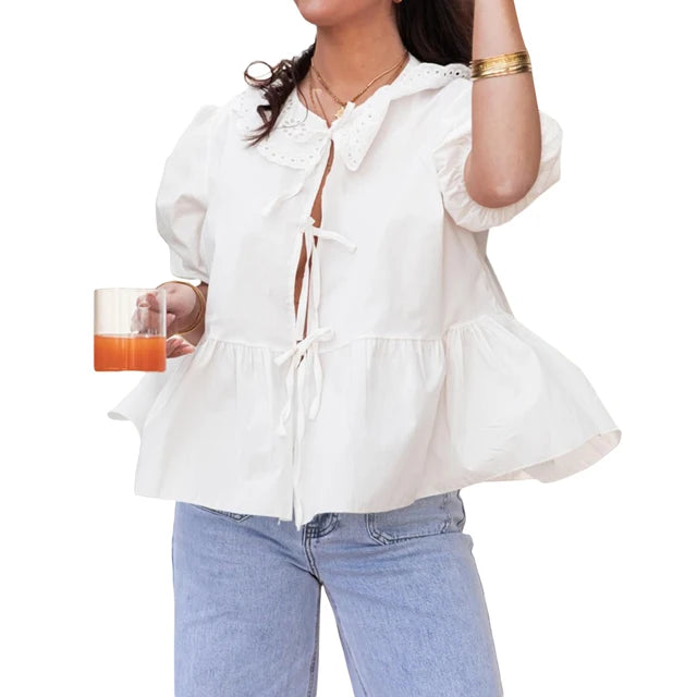 Vrouwelijke Strik Top met Kant en Peplum