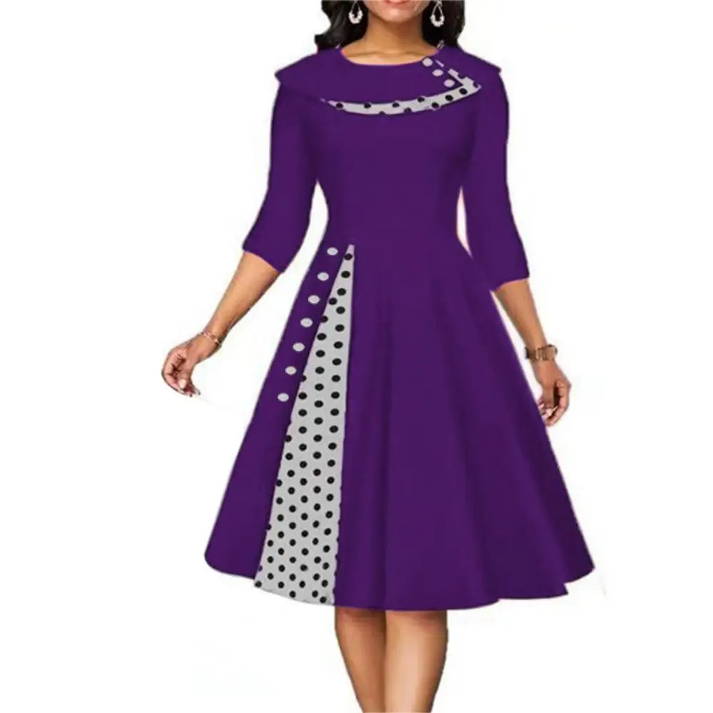 Vrouwen Vintage Polka Dot Jurk Lange Mouw Knopen Kantoor Rok Patchwork Avond Cocktail Party Taille Swing Jurk
