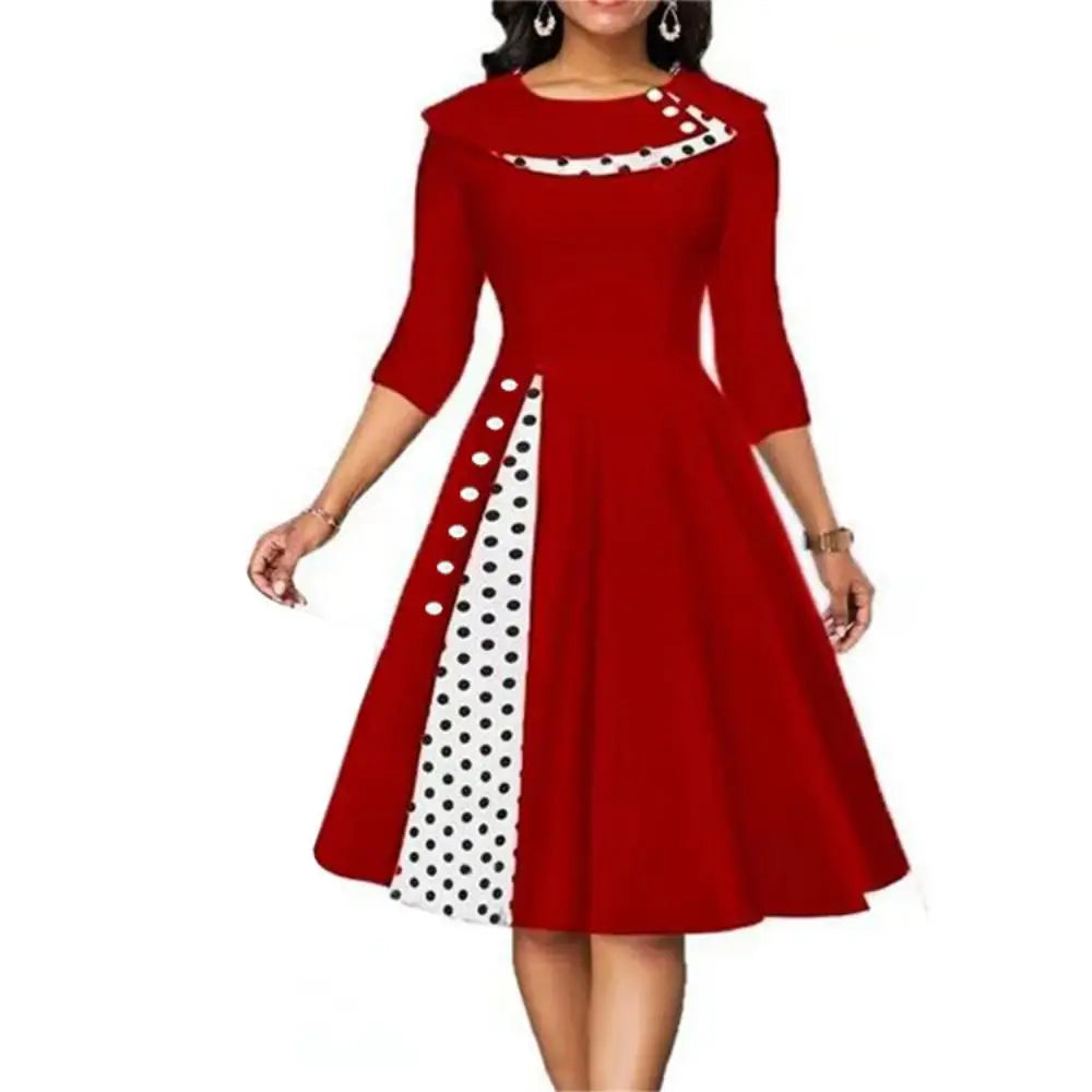 Vrouwen Vintage Polka Dot Jurk Lange Mouw Knopen Kantoor Rok Patchwork Avond Cocktail Party Taille Swing Jurk