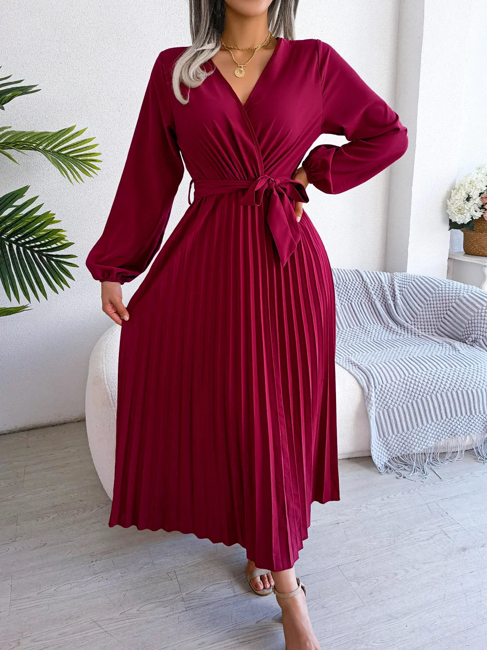 V-hals Maxi Jurk met Lange Mouwen