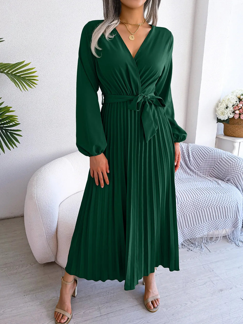 V-hals Maxi Jurk met Lange Mouwen