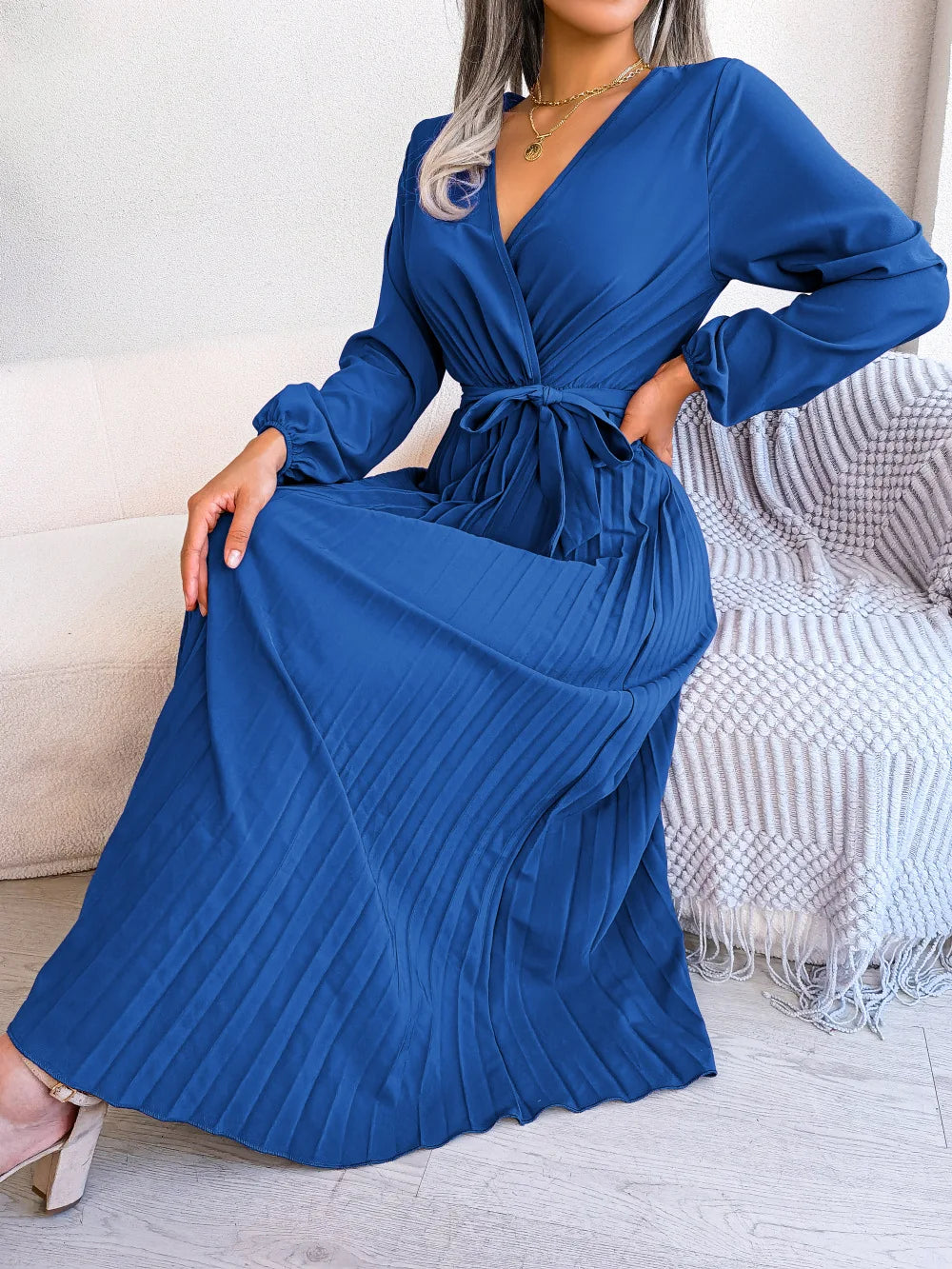 V-hals Maxi Jurk met Lange Mouwen