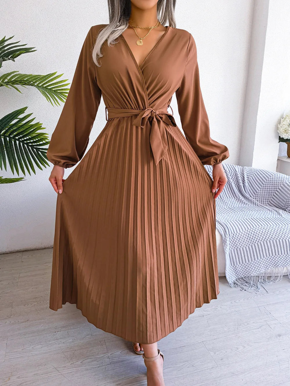 V-hals Maxi Jurk met Lange Mouwen