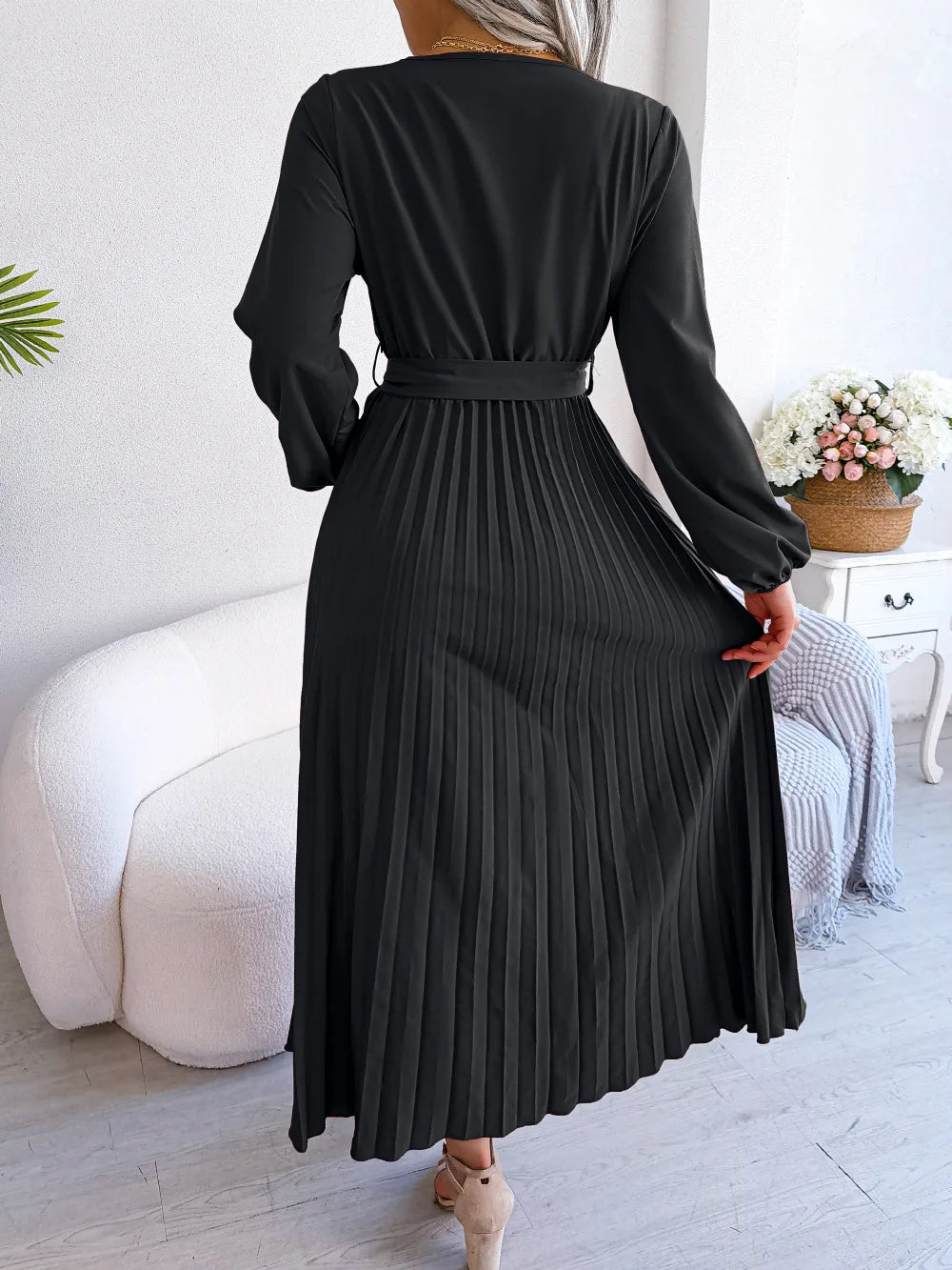 V-hals Maxi Jurk met Lange Mouwen