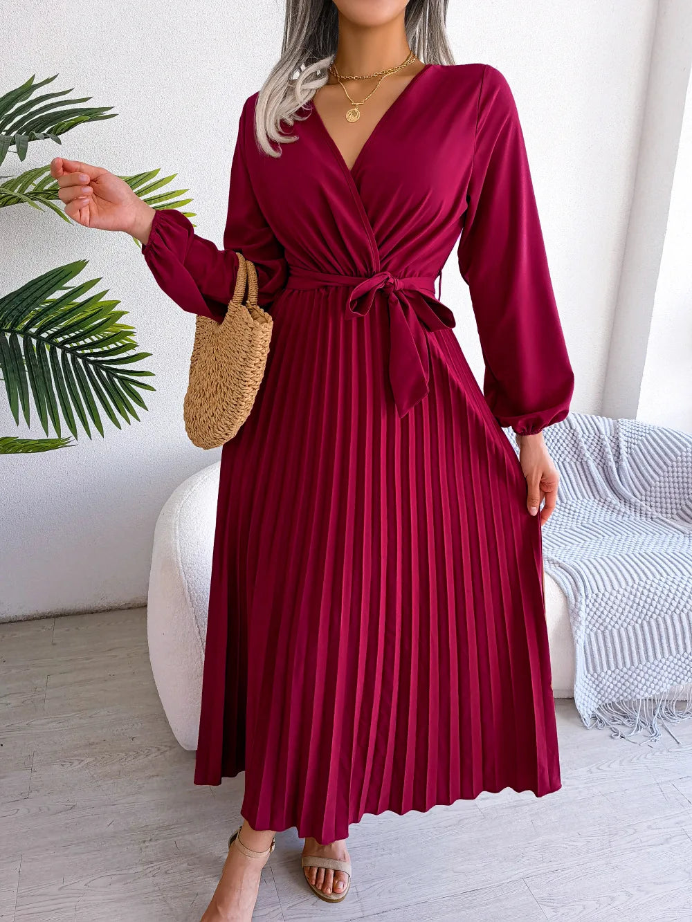 V-hals Maxi Jurk met Lange Mouwen