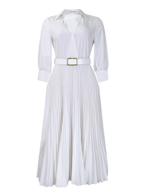 Stijlvolle V-hals Geplisseerde Maxi Jurk met Taille Riem