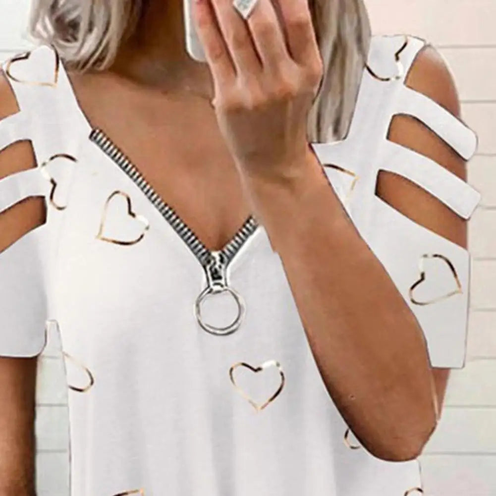 Radiant Chic Women's Summer Bliss V-Neck Low-Cut Hollowed Out Short Sleeve T-Shirt