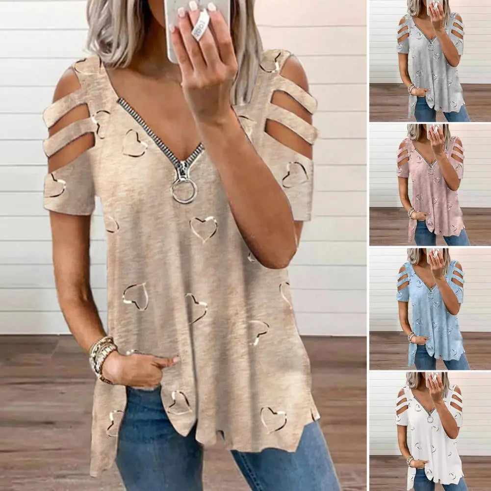 Radiant Chic Women's Summer Bliss V-Neck Low-Cut Hollowed Out Short Sleeve T-Shirt