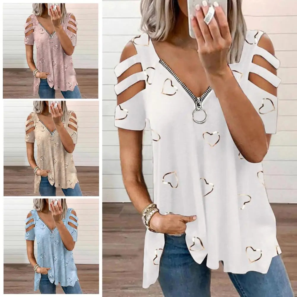 Radiant Chic Women's Summer Bliss V-Neck Low-Cut Hollowed Out Short Sleeve T-Shirt