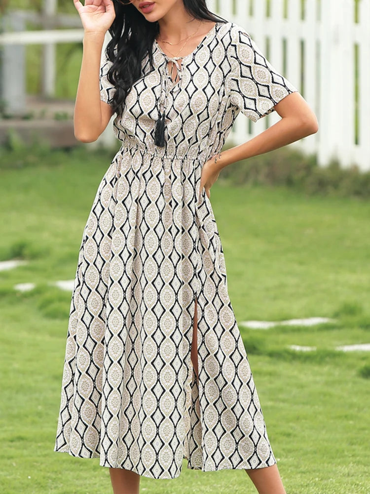 Zomerse Pleated Irregular Pattern Midi Jurk voor Dames