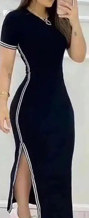 Striped Summer Maxi Dress with High Split