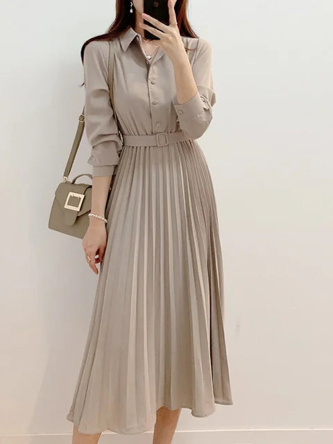 Fresh Blossom Women's Clothing Spring Elegant Long Sleeve Single-Breasted High Waist Dress