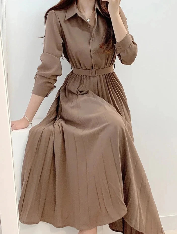 Fresh Blossom Women's Clothing Spring Elegant Long Sleeve Single-Breasted High Waist Dress