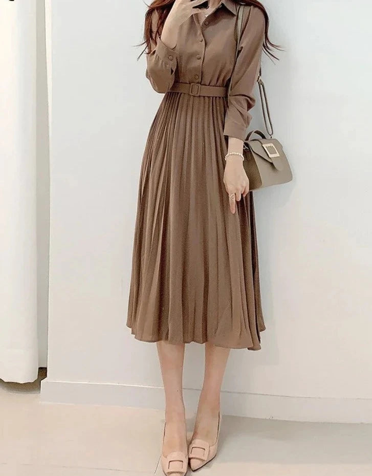 Fresh Blossom Women's Clothing Spring Elegant Long Sleeve Single-Breasted High Waist Dress
