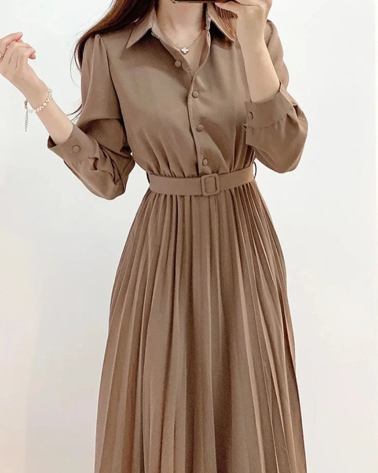 Fresh Blossom Women's Clothing Spring Elegant Long Sleeve Single-Breasted High Waist Dress