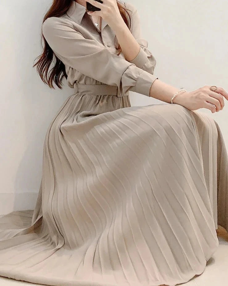 Fresh Blossom Women's Clothing Spring Elegant Long Sleeve Single-Breasted High Waist Dress