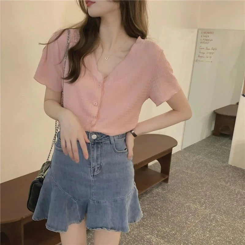 Sunniara Camicia Estiva con Bottoni e Scollo a V