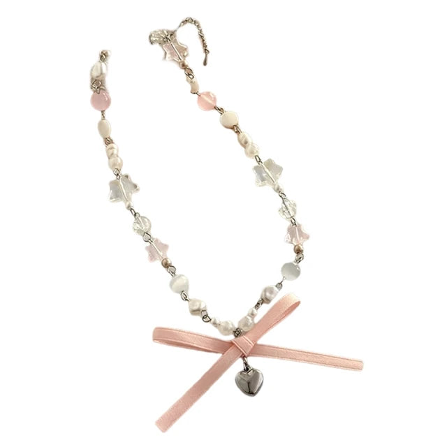 Luna Bowknot Parel Collana Choker con Ciondolo a Cuore