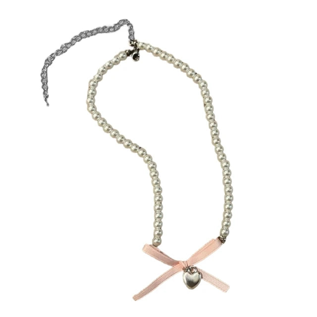Luna Bowknot Parel Collana Choker con Ciondolo a Cuore