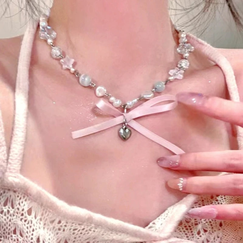 Luna Bowknot Parel Collana Choker con Ciondolo a Cuore
