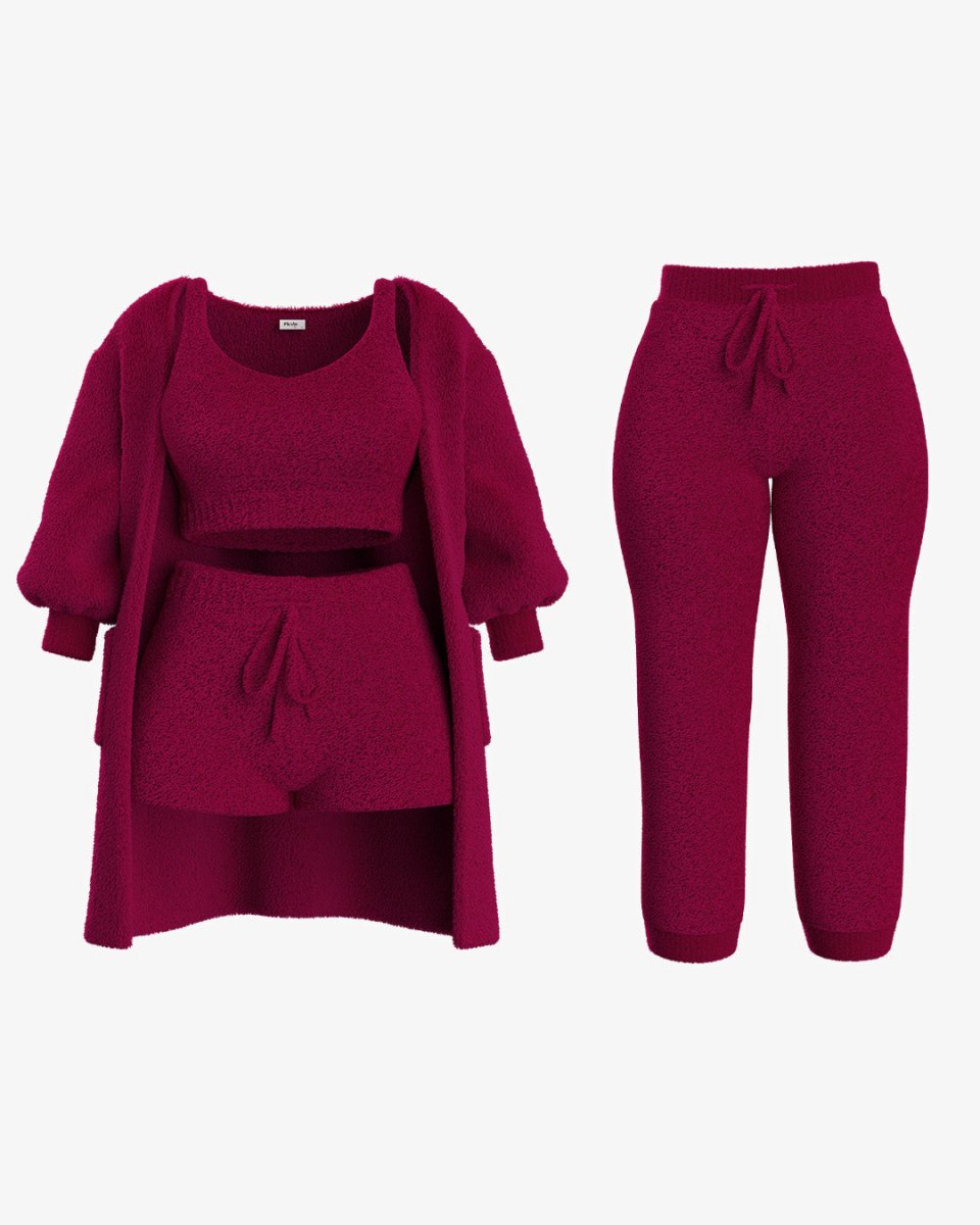 Bordeauxrode fleece set, bestaande uit een top, trui en broek, ideaal voor warmte en comfort.