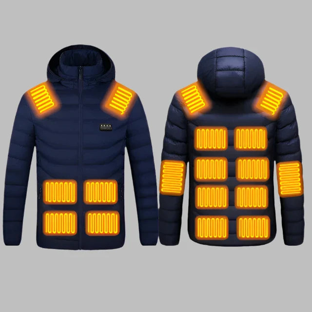 Infographic die een verwarmde marineblauwe jas toont met gloeiende verwarmingspanelen aan zowel de voorkant als de achterkant. De verwarmingszones bedekken de schouders, borst, rug en zijkanten voor een efficiënte warmteverdeling, met nadruk op de belangrijkste gebieden zoals schouders en kern.