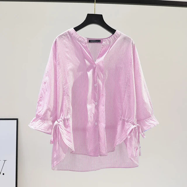 Koreaanse Gestreepte Blouse met V-Hals