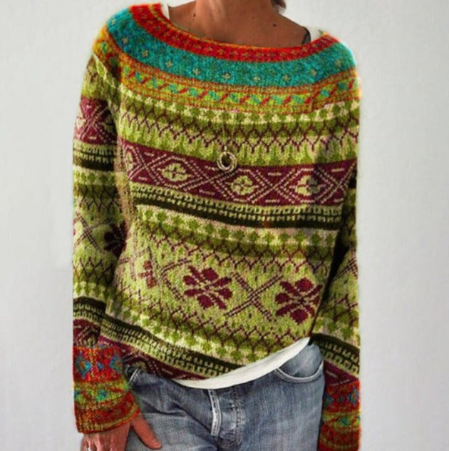 Zemara pullover in groen met een kleurrijk, bohemian patroon, perfect voor een stijlvolle en moderne look tijdens het koude seizoen.
