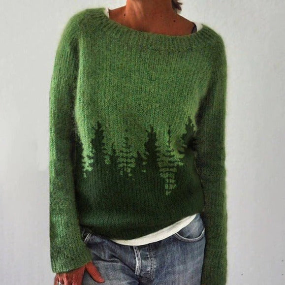 Zemara pullover in groene tinten met een subtiel bosontwerp aan de onderkant, ideaal voor een moderne, stijlvolle en natuurlijke uitstraling.