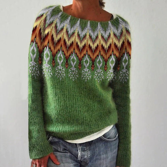 Zemara pullover in groen met een opvallend, modern patroon in warme kleuren, ideaal voor een stijlvol en comfortabel uiterlijk in de herfst en winter.