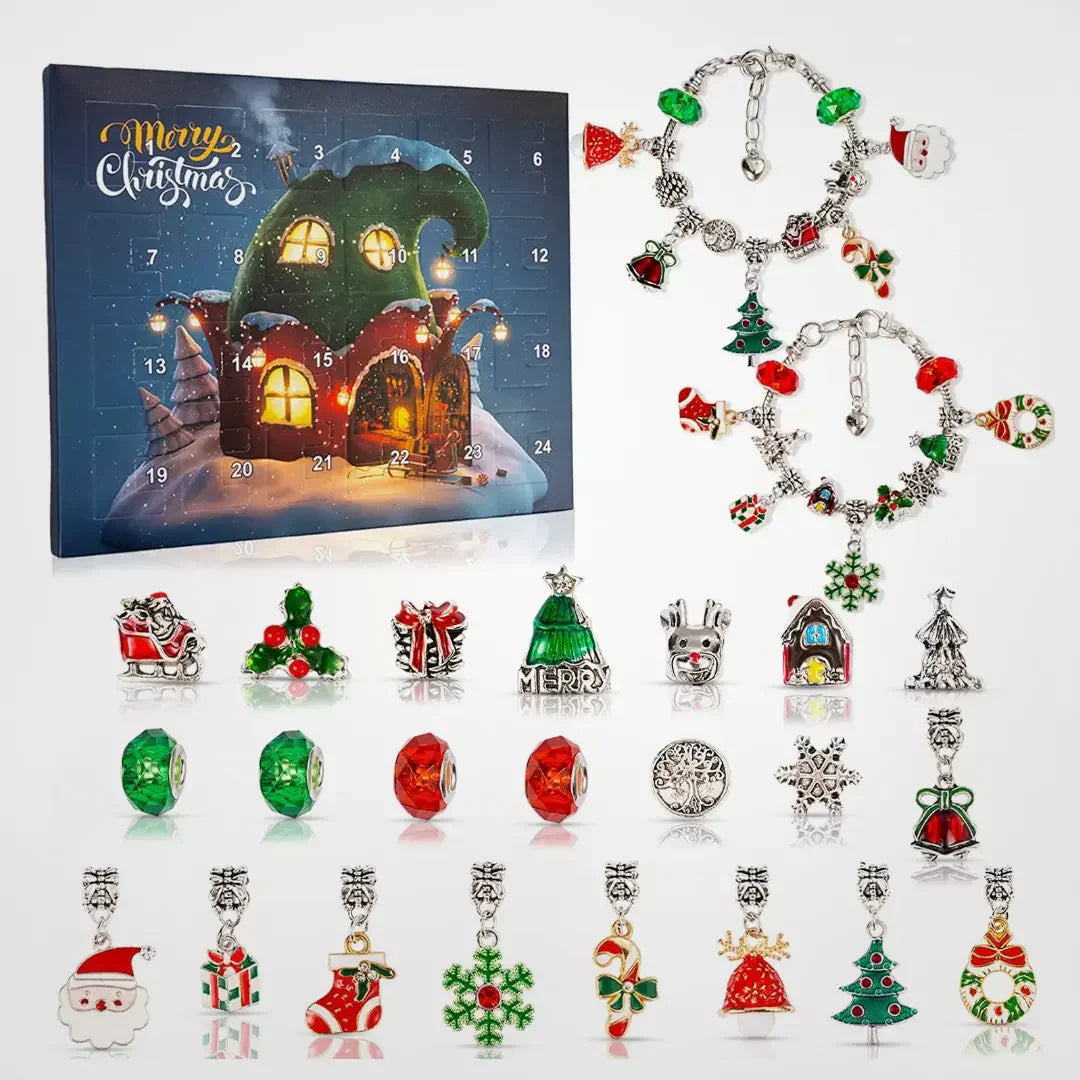 Zentoro armbandenkalender met 24 feestelijke charms, waaronder kerstbomen, sneeuwvlokken, kerstman, en andere kerstfiguren, perfect voor een creatieve en feestelijke decembermaand.