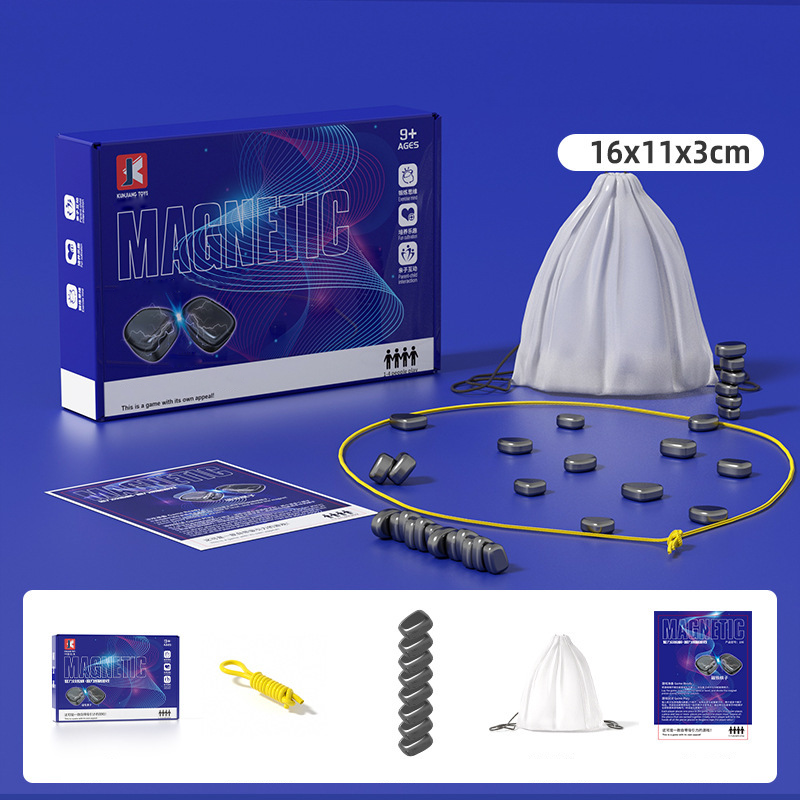De verpakking van het Zevano Magnetisch Schaakspel met educatieve en interactieve elementen. Het spel wordt geleverd met een opbergtas, een gele haak om de magnetische stukken te verplaatsen, en de magnetische schaakstukken die klaar liggen op een blauwe ondergrond. De doos toont de afmetingen (16x11x3 cm) en de gebruiksinstructies.