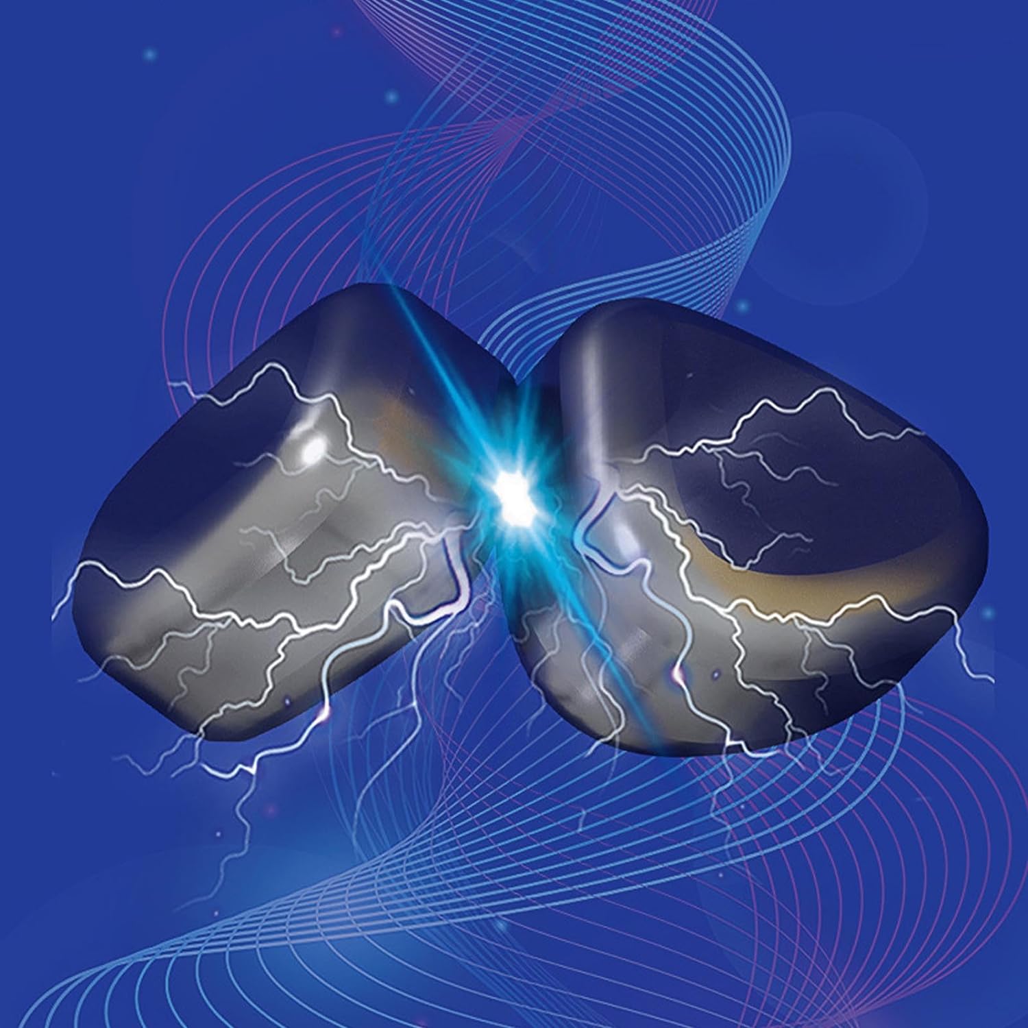 Een afbeelding van twee magneten die met elkaar in contact komen, vergezeld van elektrische lichten en bliksemschichten die de kracht van de magneten visualiseren. De achtergrond is een abstracte blauwe design met golvende lijnen, wat het magnetische effect benadrukt.