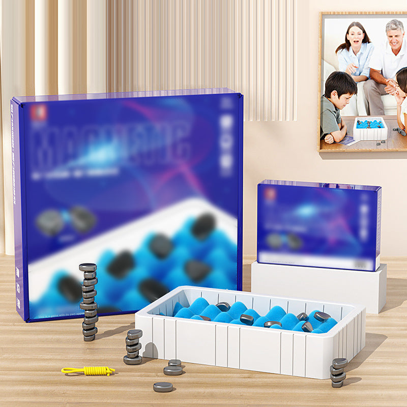 Een afbeelding van het Zevano magnetisch schaakspel, met de doos op de voorgrond en het speelbord in gebruik. Het spel bevat magnetische schijven en een blauwe opbergdoos, met een gele draad voor het speelveld. Op de achtergrond is een afbeelding van een familie te zien die het spel speelt, wat de educatieve en interactieve waarde van het spel benadrukt.