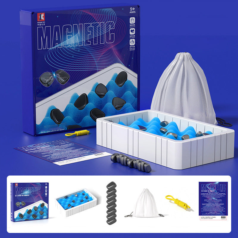Een afbeelding van het Zevano magnetisch schaakspel, compleet met doos, magnetische schijven, een opbergdoos met blauwe foam en een gele draad. De set bevat ook een opbergzak voor de schijven. De doos toont de educatieve en interactieve speelfuncties van het magnetisch schaakspel, geschikt voor kinderen vanaf 9 jaar.