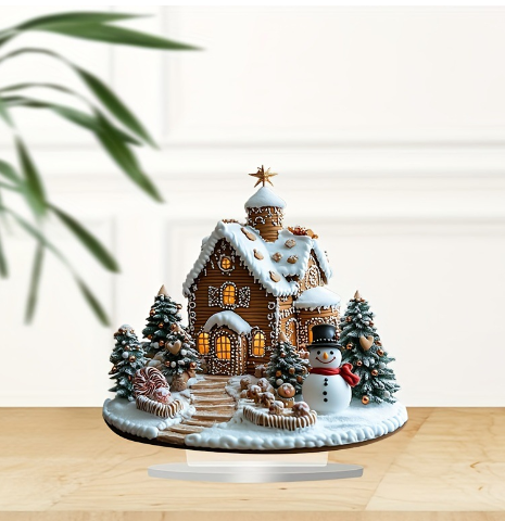 Een stralend peperkoekhuis met ingewikkelde witte glazuurdetails, omringd door besneeuwde bomen en een vrolijke sneeuwpop. Het huis straalt van binnen een warm licht uit, geplaatst op een slanke basis, met een eenvoudige, schone achtergrond van een lichtgekleurde kamer.