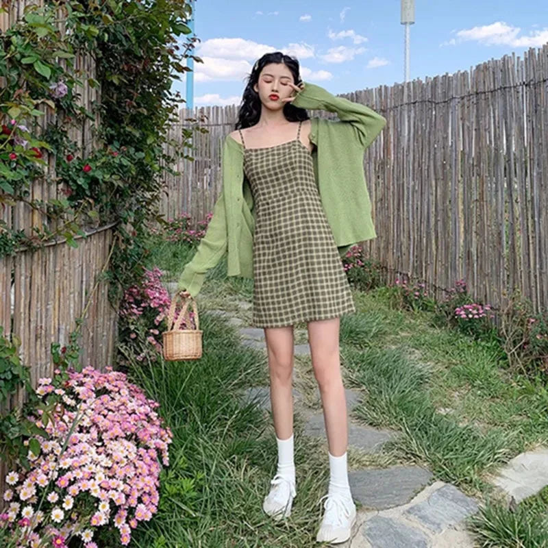 Zoki's Avocado Green Vintage Check Dress - Summer Elegant Class