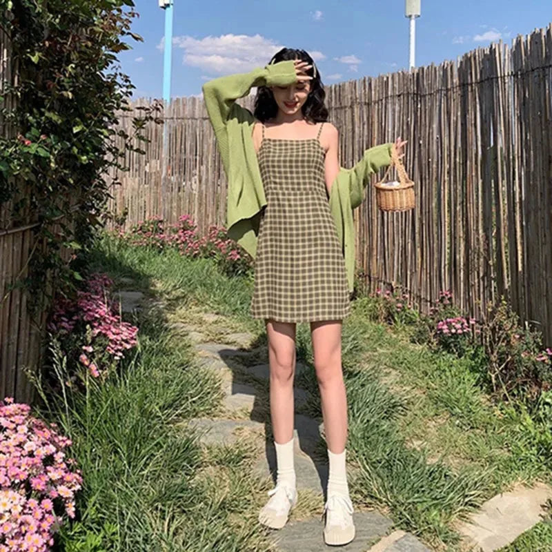 Zoki's Avocado Green Vintage Check Dress - Summer Elegant Class