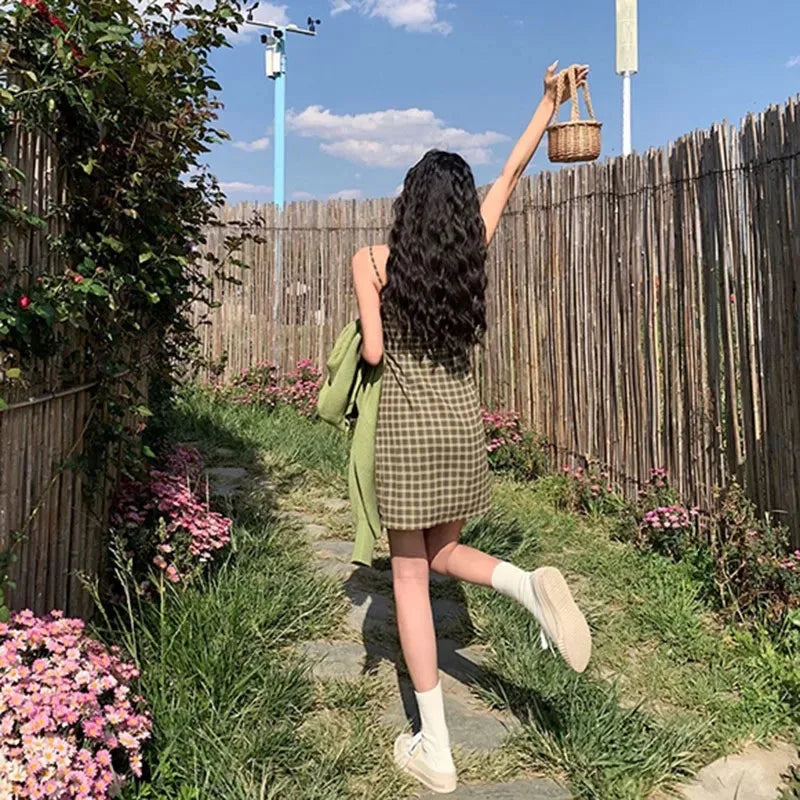 Zoki's Avocado Green Vintage Check Dress - Summer Elegant Class