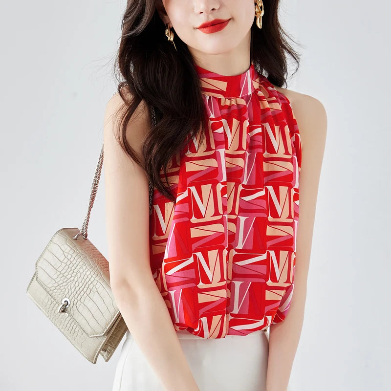 LunaMode Elegante Chiffon Mouwloze Blouse met Letterprint en V-hals