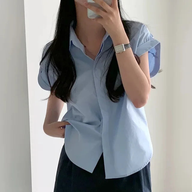 Blouse d'été avec couleur unie et revers de LuxeMode